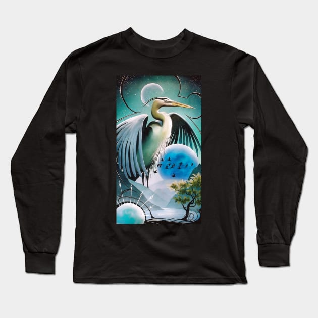 The Great Blue Heron Long Sleeve T-Shirt by TinBennu